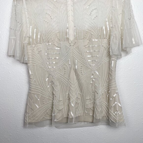 Adrianna Papell Ivory Pearl Beaded Flutter Sleeve Top Sz. 4 - Picture 11 of 13